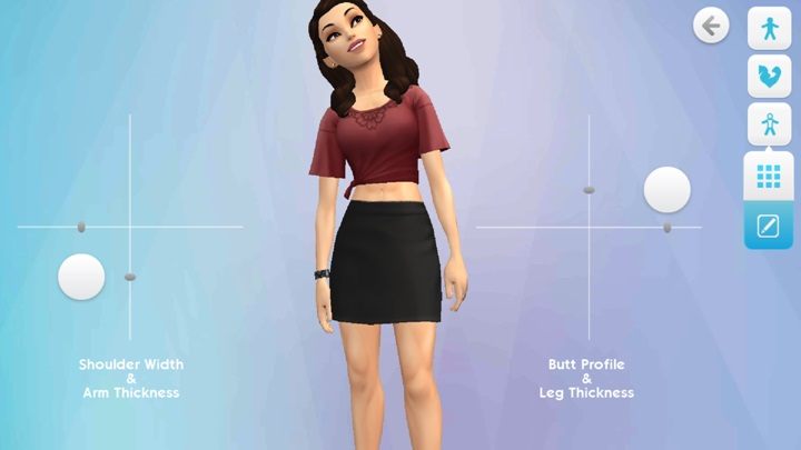 In the limb section, you choose the shoulder width and the thickness of your sims hands - Silhouette and skin | Creating and developing a Sim - Creating and developing a Sim - The Sims Mobile Game Guide