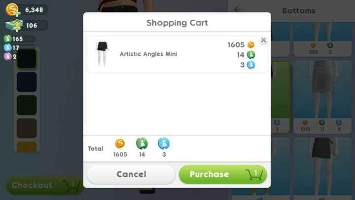 After a moment, the shopping cart will pop up - Buying clothes, hairstyles and accessories | Style - Style - The Sims Mobile Game Guide