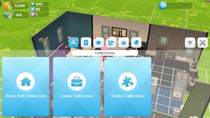 The first option you can pick in build mode is collections - Furniture | The Sims House - The Sims House - The Sims Mobile Game Guide