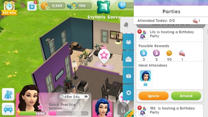 In order to go to a party hosted by someone else, you have to open the menu and then click the balloons icon - Parties in The Sims Mobile - Missions, events, careers and hobbies - The Sims Mobile Game Guide