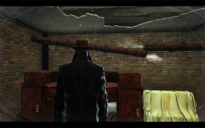 Stay in the same place where the wounded member of KKK is, and approach the wall with the white cross drawn on it - Nosedive | The Sinking City walkthrough - Main cases - The Sinking City Guide