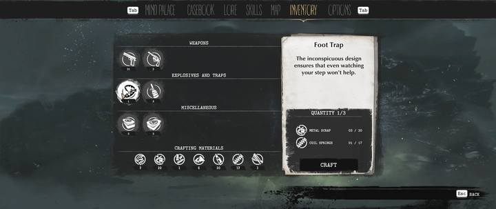 The creation of new items is done by clicking the Craft button in the Inventory tab, after selecting the appropriate item - Crafting in The Sinking City - Basics - The Sinking City Guide