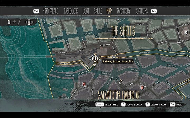 Railway Station Monolith can be found on the border of the Shells and Salvation Harbor districts - as we have presented it in the above picture - Into the Depths | The Sinking City walkthrough - Main cases - The Sinking City Guide