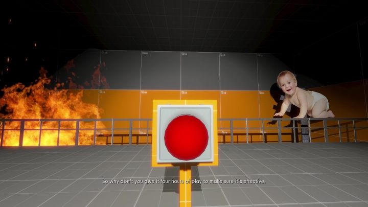 It involves pressing a red button for 4 hours to keep the cardboard cutout of a baby from crawling into fire - Stanley Parable Ultra Deluxe: Right door - list of all endings - All endings - Stanley Parable Ultra Deluxe Guide