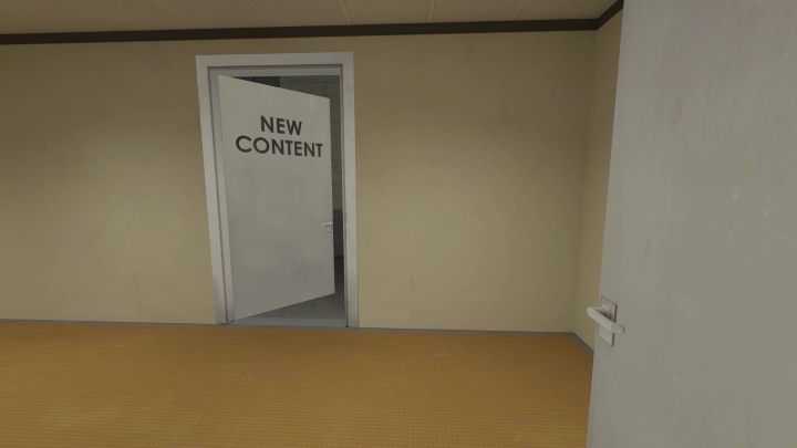 Once you've met the criteria, a new entrance will appear in front of the room with the two doors, with the words "NEW CONTENT" written on it - Stanley Parable Ultra Deluxe: New content - how to unlock? - FAQ - Stanley Parable Ultra Deluxe Guide
