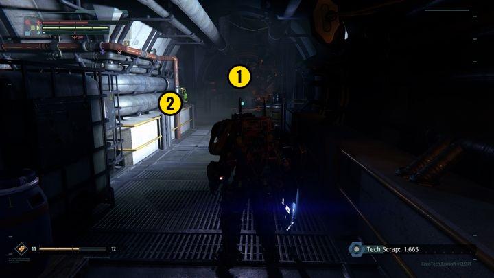 When you reach the spot presented in the screenshot [1], another machine, hiding behind the crates, will stand in your way - Resolve BioLab | The Surge Walkthrough - Walkthrough - The Surge Game Guide