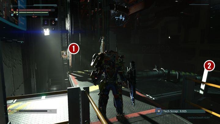 On the top floor, there is an Exo-Lift [1] and a bridge [2] to the other side of the abyss - Ventilation Tower | The Surge Walkthrough - Walkthrough - The Surge Game Guide