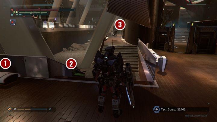 Behind the crates on the left [1] there is a single guard - Executive levels | The Surge Walkthrough - Walkthrough - The Surge Game Guide