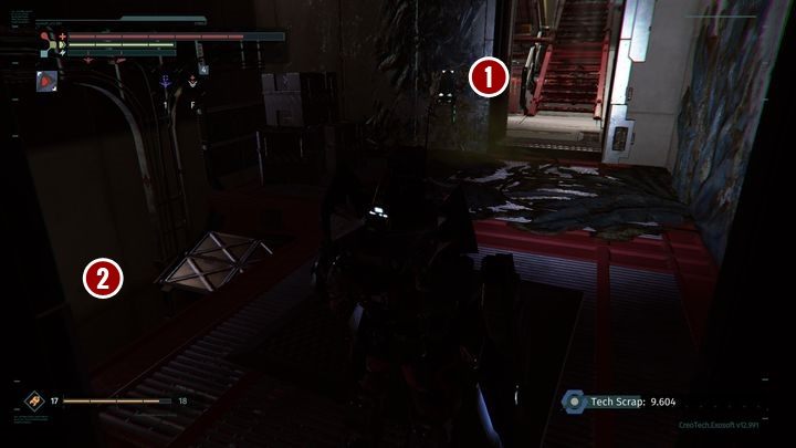 Open the door [1] in the picture to unlock the shortcut to the staircase you were already in - The Nucleus | The Surge Walkthrough - Walkthrough - The Surge Game Guide