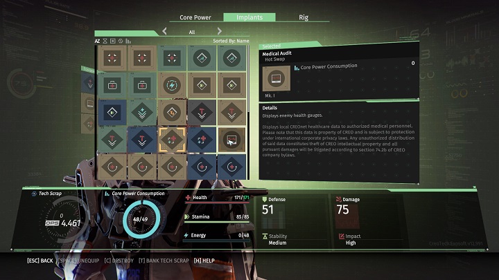 Implants have been color-coded for their level. The higher the level, the better functioning, but also higher core consumption. - Implants and the RIG in The Surge - Equipment - The Surge Game Guide