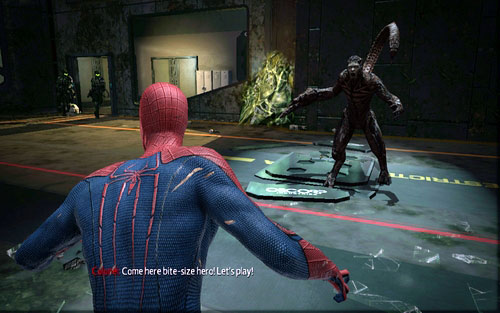 After getting to the other side of the room, you will be attacked two guards in green helmets - Chapter 06 - Smythe Strikes Back - p. 1 - Walkthrough - The Amazing Spider-Man - Game Guide and Walkthrough