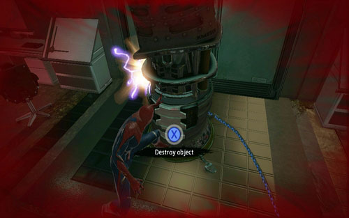 After the fight, destroy the barrier generator on the left and move onwards - Chapter 06 - Smythe Strikes Back - p. 1 - Walkthrough - The Amazing Spider-Man - Game Guide and Walkthrough