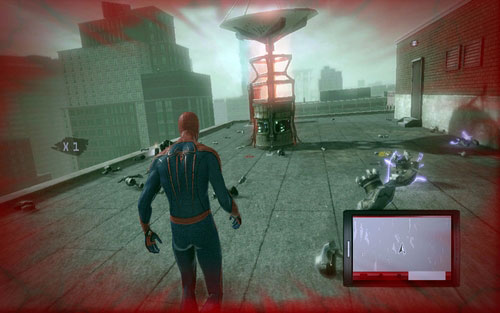 Firstly eliminate the robots which are protecting them and afterwards destroy the marked targets (X) - Chapter 08 - Outbreaks and Breakouts - Walkthrough - The Amazing Spider-Man - Game Guide and Walkthrough