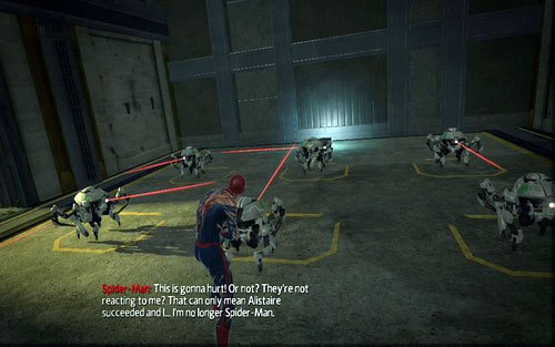 The machines won't react unless you step into their red lasers - Chapter 10 - Spider-Man No More! - p. 1 - Walkthrough - The Amazing Spider-Man - Game Guide and Walkthrough