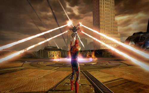 This time you have to run around Smyth, shoot web at him and dodge the laser attacks - Chapter 11 - If This Be My Destiny - Walkthrough - The Amazing Spider-Man - Game Guide and Walkthrough