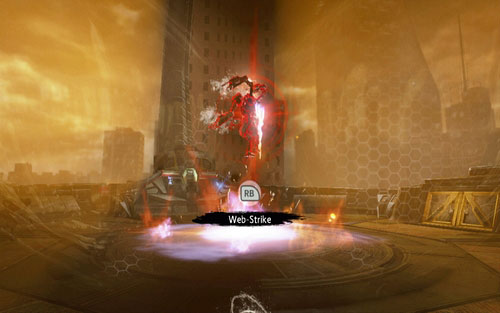 When the enemy starts blinking red, use Web Rush and destroy one of his arms - Chapter 11 - If This Be My Destiny - Walkthrough - The Amazing Spider-Man - Game Guide and Walkthrough