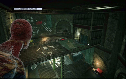 Grab the ceiling and get rid of the mutants on the upper walkway by using the nearby cabinet - Chapter 12 - Where Crawls the Lizard? - Walkthrough - The Amazing Spider-Man - Game Guide and Walkthrough