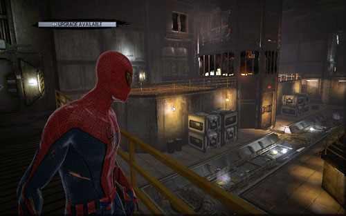 After reaching the big room where the reporter is interrogated, jump through the balustrade on the left - Chapter 03 - In the Shadow of Evils Past - p. 2 - Collectibles inside buildings - The Amazing Spider-Man - Game Guide and Walkthrough