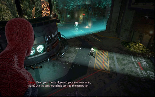 After you mange to destroy two generators by using robots, head to the right corner of the room - Chapter 06 - Smythe Strikes Back - p. 1 - Collectibles inside buildings - The Amazing Spider-Man - Game Guide and Walkthrough