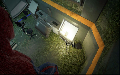Right beside the ventilation shaft in the room with Gwen - Chapter 06 - Smythe Strikes Back - p. 1 - Collectibles inside buildings - The Amazing Spider-Man - Game Guide and Walkthrough