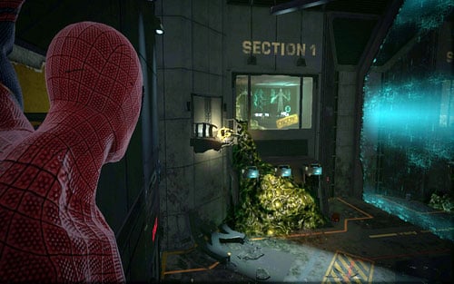 After getting out of the tunnel full of acid, jump onto the destroyed piece of bridge on the left - Chapter 06 - Smythe Strikes Back - p. 1 - Collectibles inside buildings - The Amazing Spider-Man - Game Guide and Walkthrough
