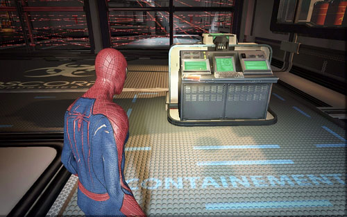 Lying on the computer which opens the door - Chapter 06 - Smythe Strikes Back - p. 1 - Collectibles inside buildings - The Amazing Spider-Man - Game Guide and Walkthrough