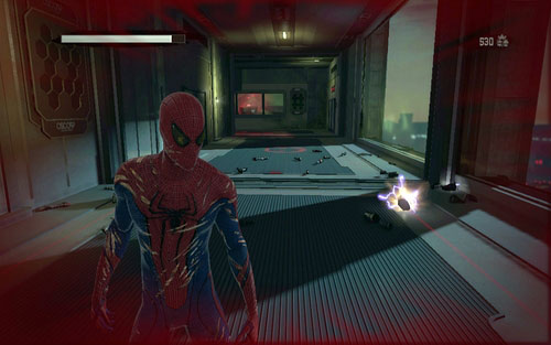 Following the elevator activated by Gwen, you will reach a corridor with a few robots and a turret - Chapter 06 - Smythe Strikes Back - p. 2 - Collectibles inside buildings - The Amazing Spider-Man - Game Guide and Walkthrough
