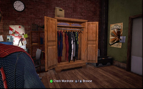 Inside Parker's apartment you will find a wardrobe for superhero costumes - Introduction - Spider-Man's costumes - The Amazing Spider-Man - Game Guide and Walkthrough