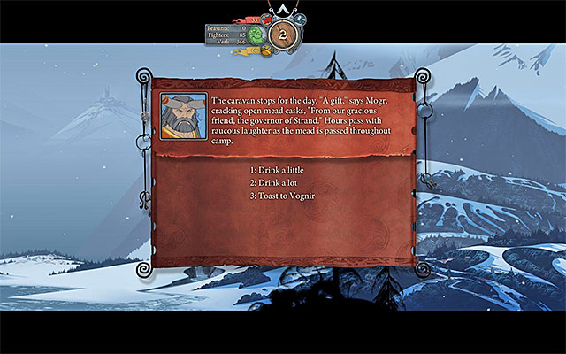 Soon after leaving the Strand town you should see and additional event connected with gift received from Mogr - a honey barrel - Journey to Vedrfell | Chapter 1 - Chapter 1 - The Banner Saga Game Guide