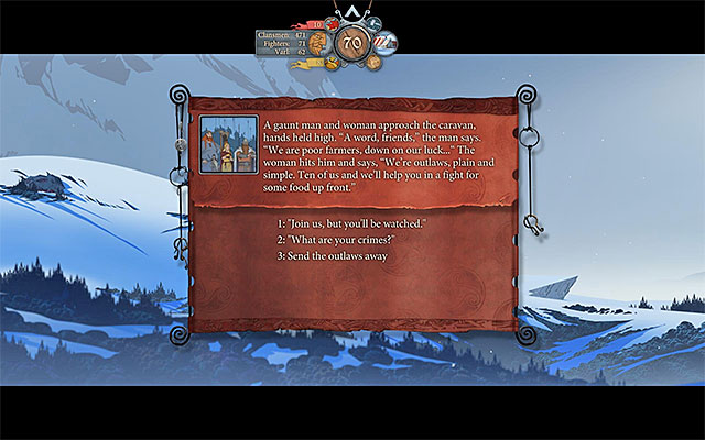 You can let thugs join the caravan or send them off - Journey to Grofheim | Chapter 4 - Chapter 4 - The Banner Saga Game Guide