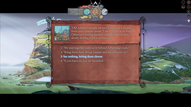 Still before you enter Arberrang, you will have to take a decision on the caravan - Road to Arberrang | Chapter 14 - Chapter 14 - The Banner Saga 2 Game Guide