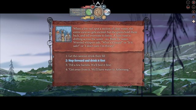 Along your way to Arberrang, you will run into a situation that does not concern the caravan that much - Road to Arberrang | Chapter 14 - Chapter 14 - The Banner Saga 2 Game Guide