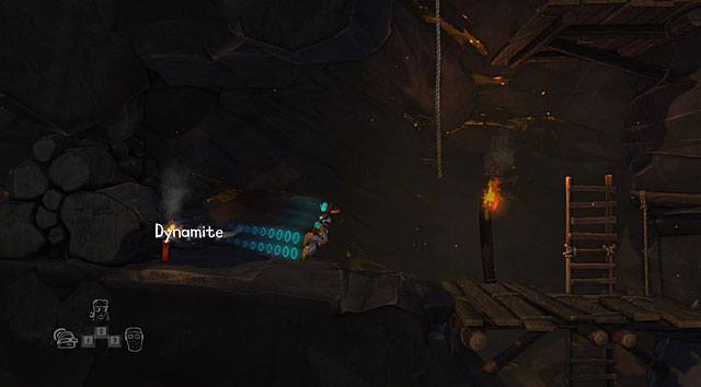 Once again take the water bucket and grab another stick of dynamite thrown by the miner - The Mine - The Cave (generally accessible locations) - The Cave - Game Guide and Walkthrough