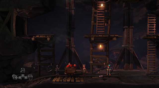 Afterwards get onto the platform on the left which went up before so that it falls down and push the car onto it - The Mine - The Cave (generally accessible locations) - The Cave - Game Guide and Walkthrough