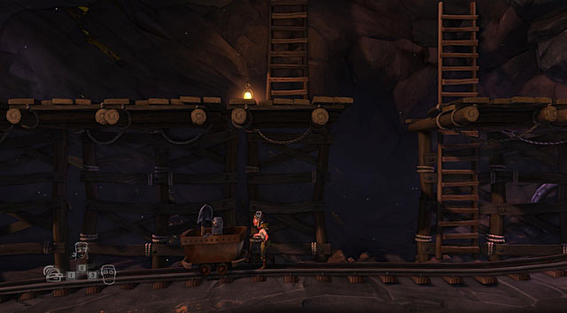 Get into the mine car with the character with the shovel and push it to the left with another one - The Mine - The Cave (generally accessible locations) - The Cave - Game Guide and Walkthrough