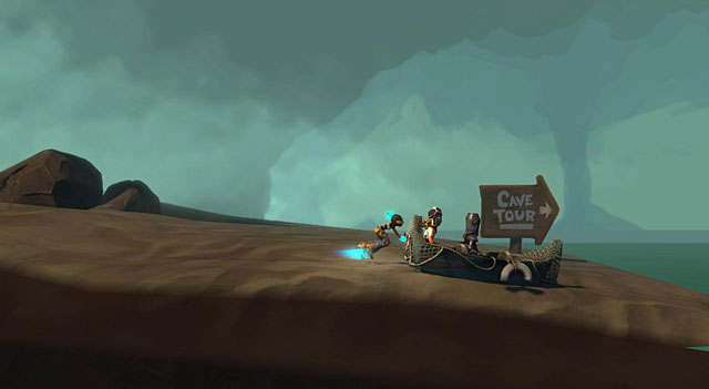 Jump into the boat with two characters, push it to the water and jump inside as well - The Island - The Cave (generally accessible locations) - The Cave - Game Guide and Walkthrough