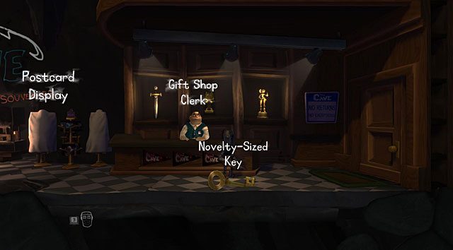 Take the Novelty-Sized Key from the clerk and use it to open the Employees Only Door - The Gift Shop - The Cave (generally accessible locations) - The Cave - Game Guide and Walkthrough