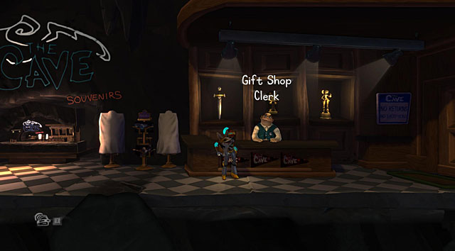 Return to the clerk, give him the artefacts, go through the room on the right and reach the surface using the ladder - The Gift Shop - The Cave (generally accessible locations) - The Cave - Game Guide and Walkthrough