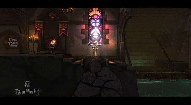 Thanks to the amulet, the draw bridge will come down and the knight will be able to reach the stone with the sword - The Knight - Locations for specific characters - The Cave - Game Guide and Walkthrough