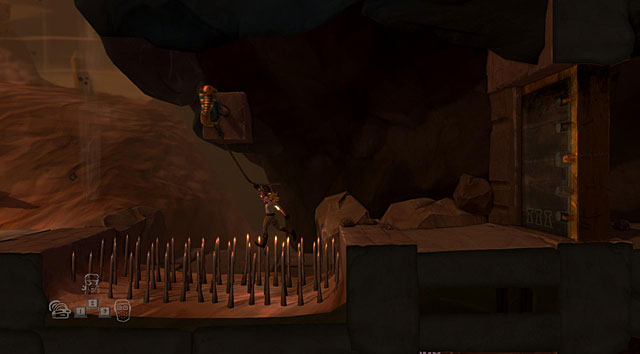 Go through the door and use your special skill to get to the other side of the spiked pit - The Adventurer - Locations for specific characters - The Cave - Game Guide and Walkthrough