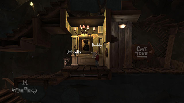 Jump between the platforms, enter the house and run to its right side where you will find a blocked passage and Daddy who's reading a newspaper - Twins - Locations for specific characters - The Cave - Game Guide and Walkthrough