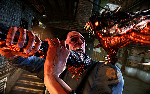 After regaining consciousness, listen to what mysterious man with a cane has to say and then start to move toward one of the thugs, holding the W key - Payback - p. 1 - Walkthrough - The Darkness II - Game Guide and Walkthrough