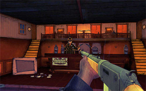 You have to participate in another shooting mini-game, which is started by pressing the E key (after the conversation) - Fun and Games - p. 1 - Walkthrough - The Darkness II - Game Guide and Walkthrough