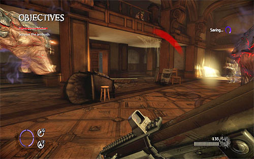 Right after the start of the first part of the battle, I propose to turn left and run towards the area shown on the above screen, which is located under the balcony - Homecoming - p. 1 - Walkthrough - The Darkness II - Game Guide and Walkthrough