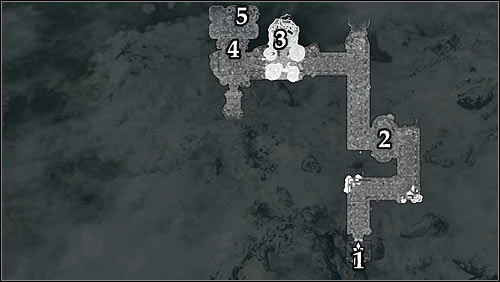 Markings on the map: 1 - Entrance to ruins; 2 - First bandits encampment; 3 - Second bandits encampment; 4 - Entrance to Malurils chamber; 5 - Malurils location - Side Contract: Kill Maluril - The Dark Brotherhood quests - The Elder Scrolls V: Skyrim Game Guide