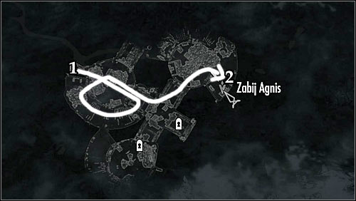 Markings on the map: 1 - Start place; 2 -Agnis quarters - Side Contract: Kill Agnis - The Dark Brotherhood quests - The Elder Scrolls V: Skyrim Game Guide