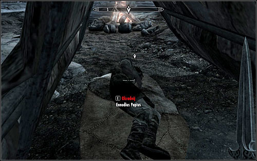 Crouch and start sneaking towards the tent, where Ennodius sleeps - Side Contract: Kill Ennodius Papius - The Dark Brotherhood quests - The Elder Scrolls V: Skyrim Game Guide