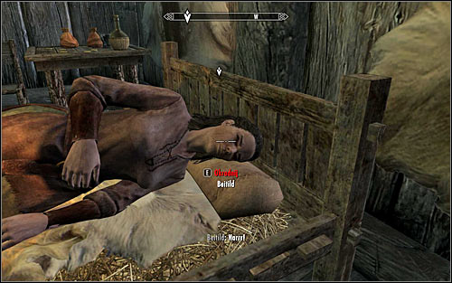 Once you get inside the hut, crouch and start sneaking towards the bed, where Beitild sleeps - Side Contract: Kill Beitild - The Dark Brotherhood quests - The Elder Scrolls V: Skyrim Game Guide