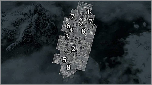 Markings on the map: 1 - Start place; 2 - Kitchen; 3 - Stairs; 4 - Closed door (expert or key); 5 - Captain Avidiuss cabin; 6 - Lieutenant Salvaruss cabin; 7 - Stairs; 8 - Passages to upper deck; 9 - Emperors closed cabin (master or key) - Hail Sithis! - p. 1 - The Dark Brotherhood quests - The Elder Scrolls V: Skyrim Game Guide