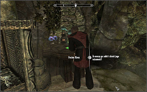 Look for Festus Krex in the Dark Brotherhoods Sanctuary and start a conversation with him, to ask about details of a new contract (screen above) - Recipe for Disaster - The Dark Brotherhood quests - The Elder Scrolls V: Skyrim Game Guide